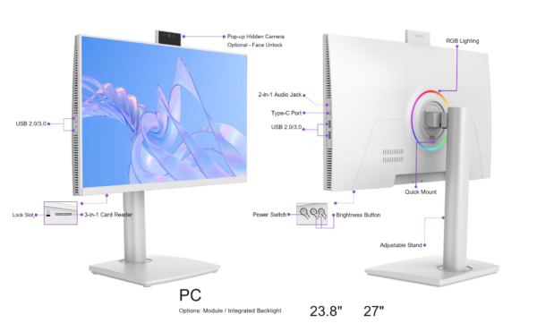 Meway A2 VH-Pro all-in-one PC, port layout and features, front and rear view